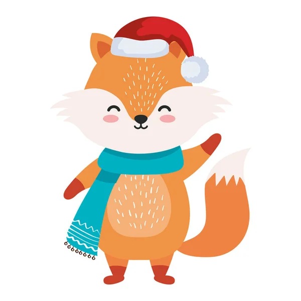 Dibujo animado del zorro con diseño feliz del vector del sombrero de Navidad — Vector de stock