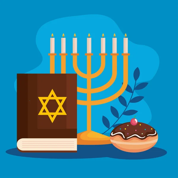 Feliz Hanukkah menorah Torá y sufganiot vector de diseño — Archivo Imágenes Vectoriales