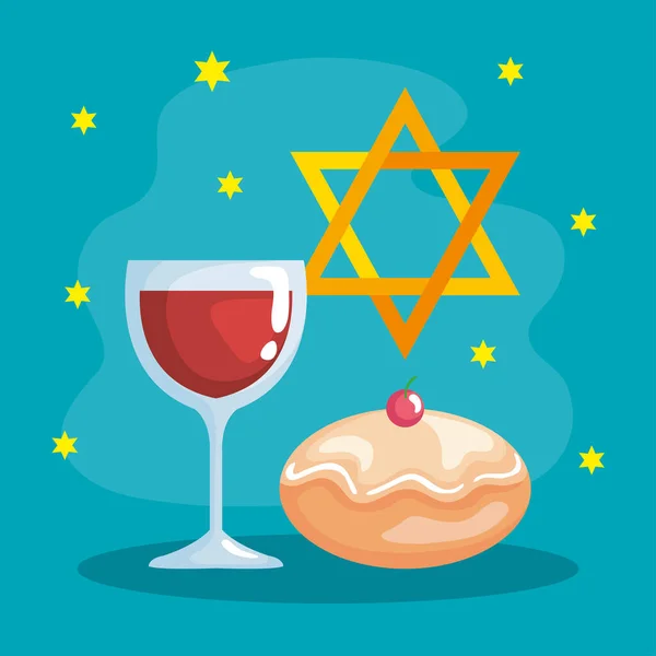 Happy hanukkah κύπελλο αστέρι και sufganiot διάνυσμα σχεδιασμό — Διανυσματικό Αρχείο