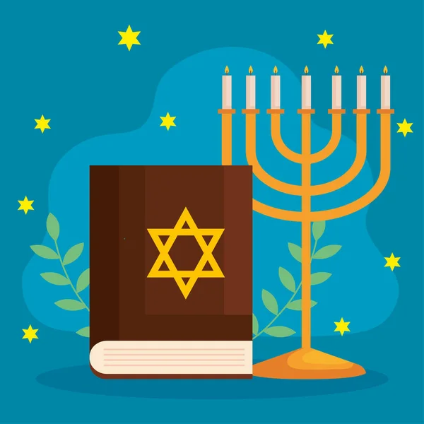 Gelukkig hanukkah menorah en Torah vector ontwerp — Stockvector