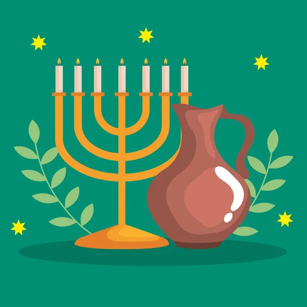 Heureux hanukkah menorah et pichet d'huile vecteur conception — Image vectorielle