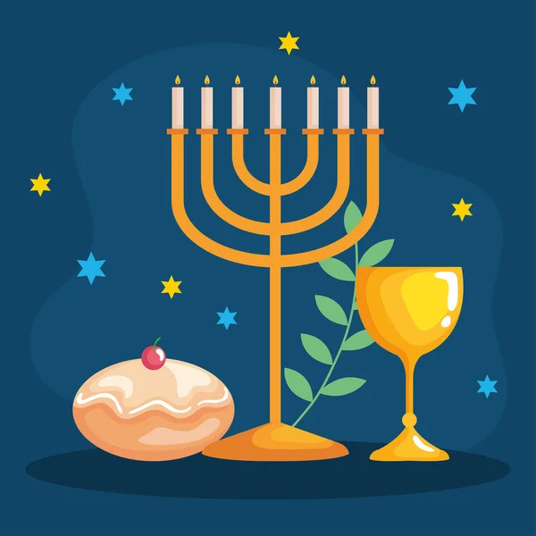 Happy Hanukkah menorah gobelet et design vectoriel sufganiot — Image vectorielle
