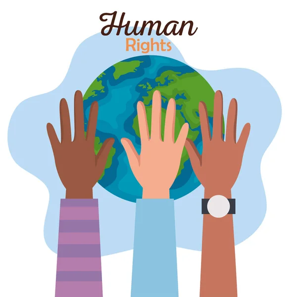Derechos humanos con manos de diversidad y diseño vectorial mundial — Vector de stock