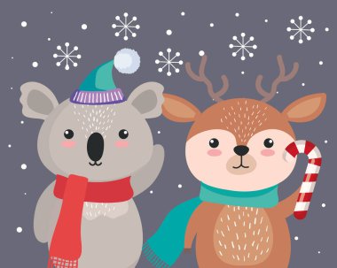 Koala ve ren geyiği karikatürleri mutlu noel sezonu vektör tasarımında