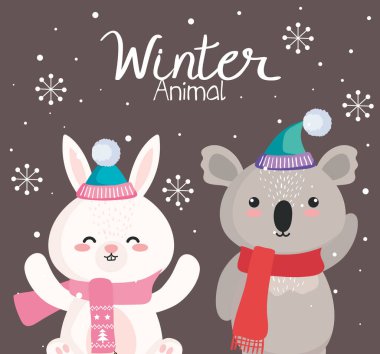Koala ve tavşan çizgi filmleri kış mevsimi vektör tasarımında