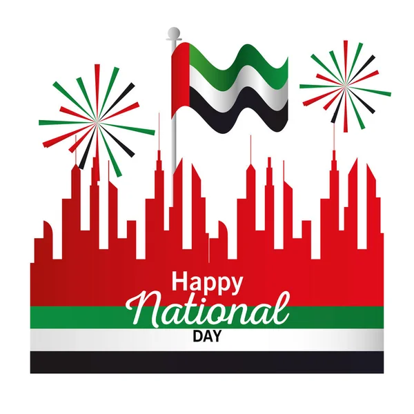 Dia nacional de Uae com fogos de artifício de edifícios de cidade e desenho de vetor de bandeira — Vetor de Stock