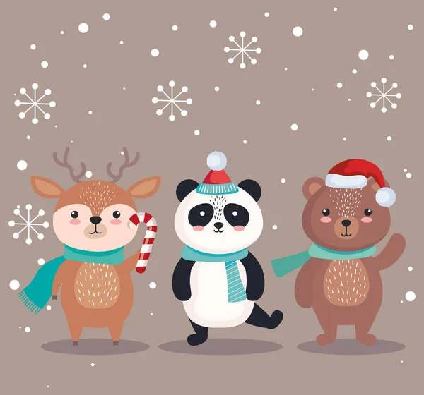 Панда ведмідь і олені мультфільми у веселий різдвяний сезон векторний дизайн — стоковий вектор