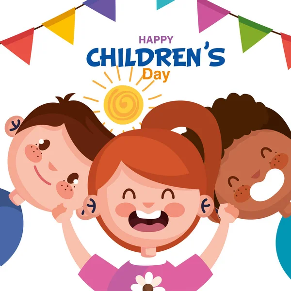 Счастливый детский день с девочками и мальчиками из мультфильмов — стоковый вектор