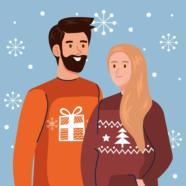 メリークリスマスのセーターを着た男と女ベクトルデザイン — ストックベクタ