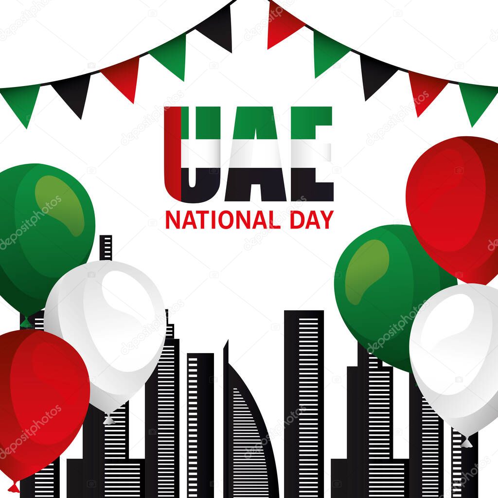 Uae national day with city buildings and balloons vector design