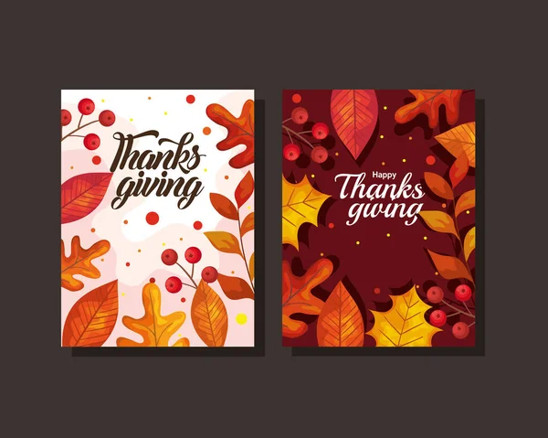 Cartões de dia de ação de graças com folhas de outono design vetorial — Vetor de Stock