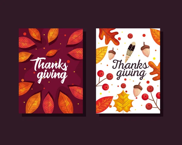 Cartões de dia de ação de graças com folhas de outono e design vetorial bolotas — Vetor de Stock