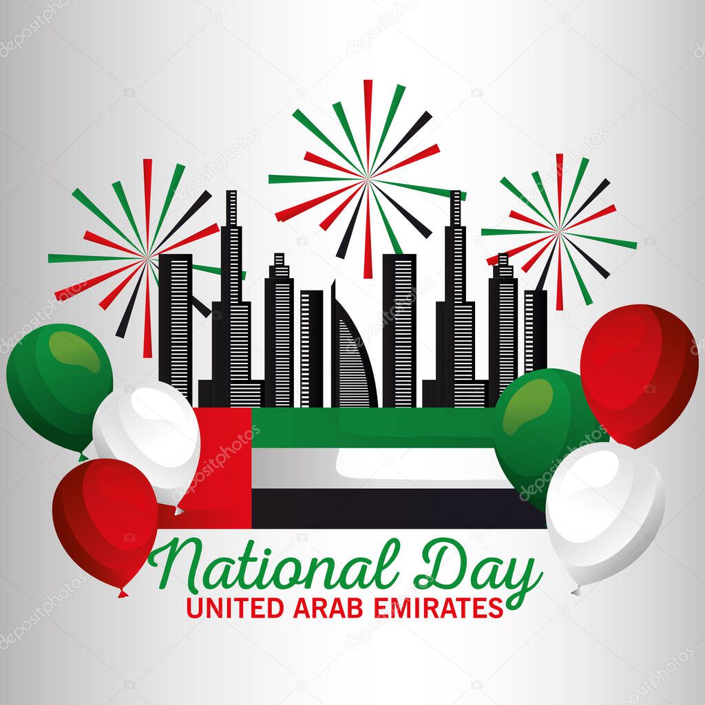 Uae national day with flag fireworks balloons and city vector design