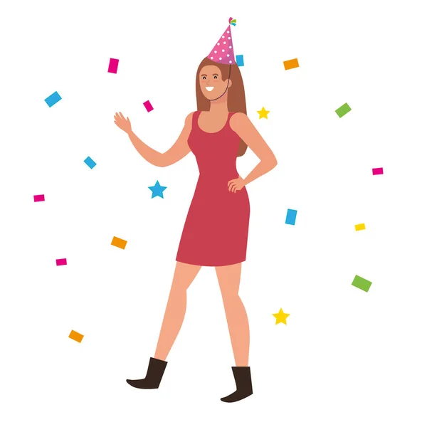 Vrouw dansen met party hoed jurk en confetti vector ontwerp — Stockvector