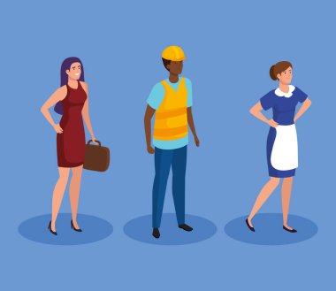 Daha temiz iş kadınları ve inşaatçı erkek izometrik vektör tasarımı