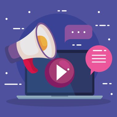 megafon çalma ve kabarcık vektör tasarımlı dizüstü bilgisayar