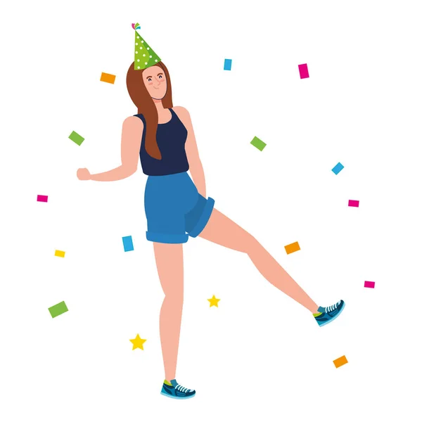 Vrouw dansen met party hoed en confetti vector ontwerp — Stockvector
