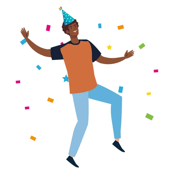 Hombre negro bailando con sombrero de fiesta y confeti vector de diseño — Vector de stock