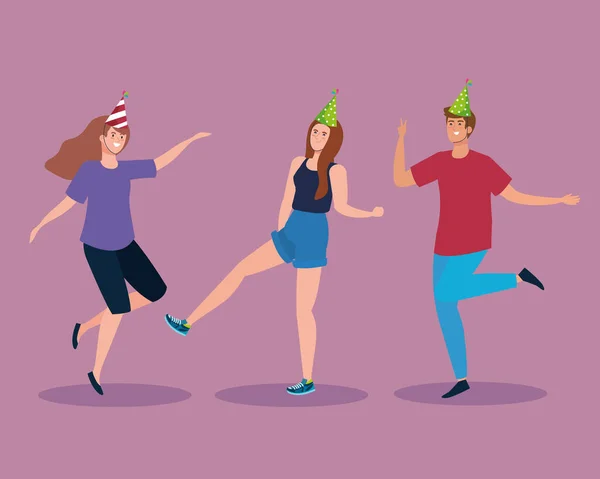 Mulheres e homem dançando com festa chapéu vetor design —  Vetores de Stock