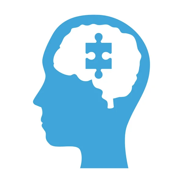 Psykisk hälsa profil människa med hjärna organ och pusselbit — Stock vektor