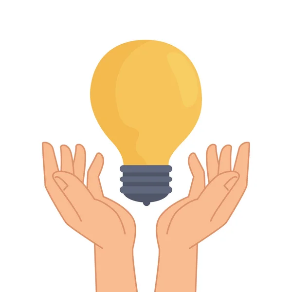 Manos elevación bombilla idea icono de luz — Vector de stock