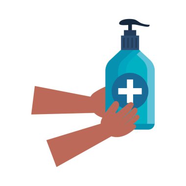 Antibakteriyel sabun şişesini kaldıran eller izole edilmiş simge