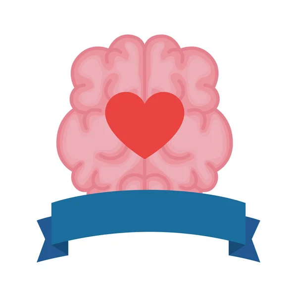 Zdrowie psychiczne narząd mózgu z sercem w ramce wstążki — Wektor stockowy