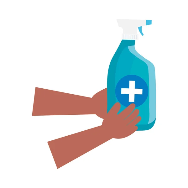 Hand mit Desinfektionsspray-Flasche isoliert Symbol — Stockvektor
