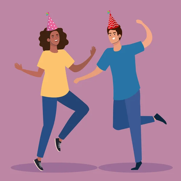 Γυναίκα και ο άνθρωπος χορεύουν με κόμμα καπέλο διάνυσμα σχεδιασμό — Διανυσματικό Αρχείο