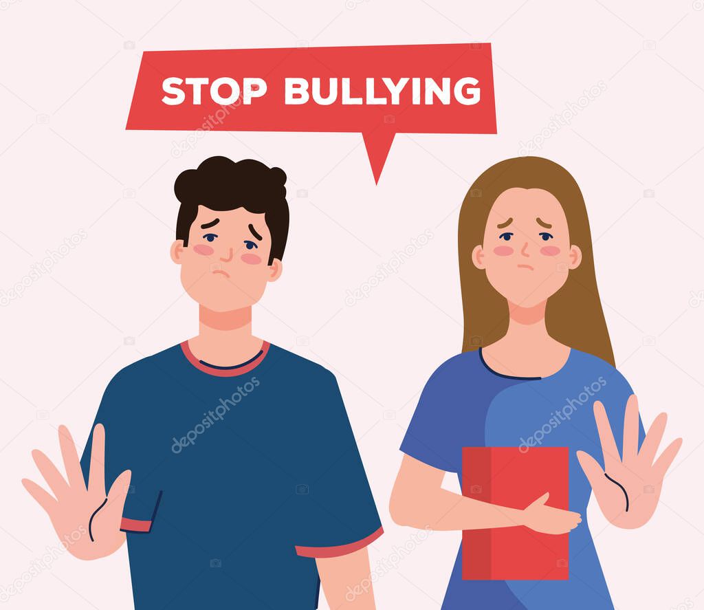 stop bullying and sad girl and boy kids with book vector design