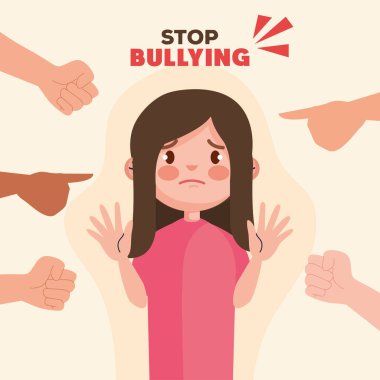 Zorbalığı bırak ve elleri üzgün kız vektör tasarımına işaret et.