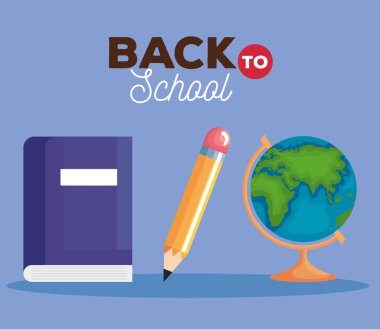 Okula geri dön not defteri kalem ve dünya vektör tasarımı