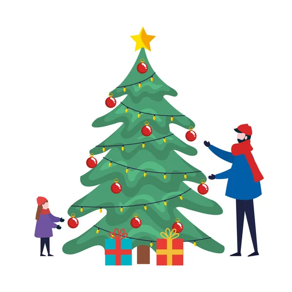 Vader en meisje dragen winterkleding versieren kerstboom — Stockvector