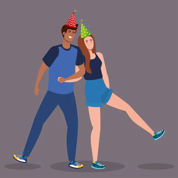 Frau und Mann tanzen mit Party-Hut-Vektordesign — Stockvektor