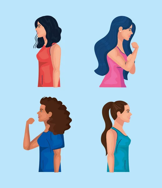 Vrouwen empowerment met vrouwen cartoons van opzij doen spier teken set vector ontwerp — Stockvector