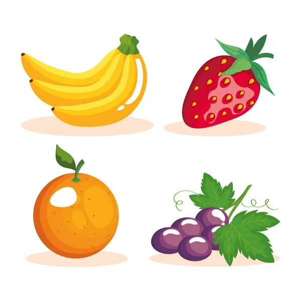 Banane Erdbeere Orange und Trauben Früchte Vektordesign — Stockvektor