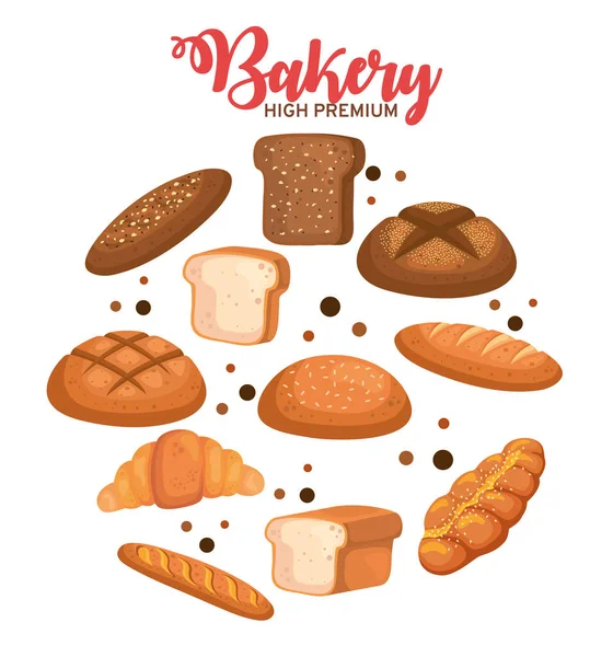 Pães círculo ícone conjunto de padaria estilo isolado ícone vetor design — Vetor de Stock