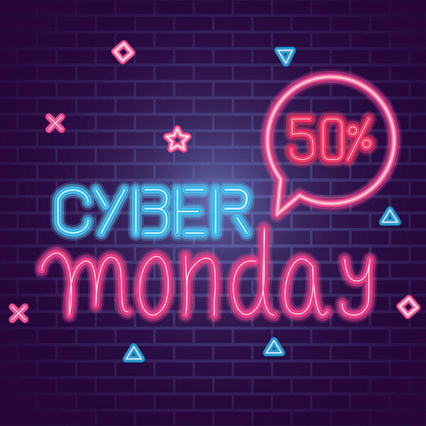cyber monday with 50 sale neon on bricks background vector design