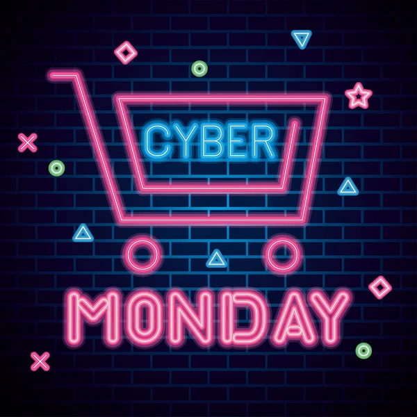 stock vector cyber monday with cart neon on bricks background vector design