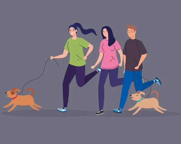 Mulheres e homem correndo com cães design vetorial —  Vetores de Stock