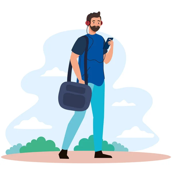 Hombre con teléfono inteligente y bolsa en el diseño del vector del parque — Archivo Imágenes Vectoriales