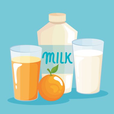 Kahvaltı portakal suyu ve süt içeceği vektör tasarımı