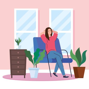 Oturduğu koltukta oturan kadın ev vektörü tasarımında bitkilerle