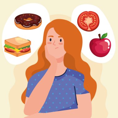 Kadın fast food vektör tasarımını düşünüyor.