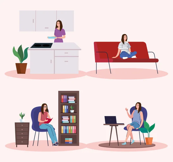 Las mujeres que hacen actividades desde el icono del hogar colección vector de diseño — Vector de stock