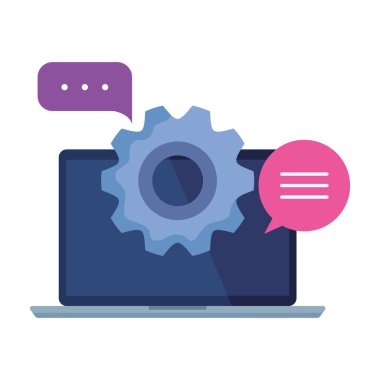 Konuşma baloncukları ve teçhizatlı dizüstü bilgisayar