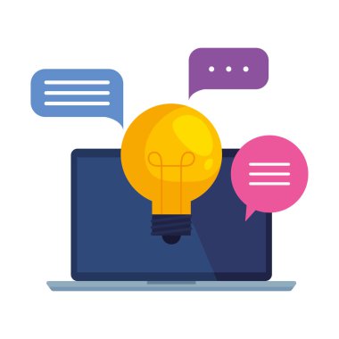 Konuşma baloncukları ve ampulle taşınabilir dizüstü bilgisayar