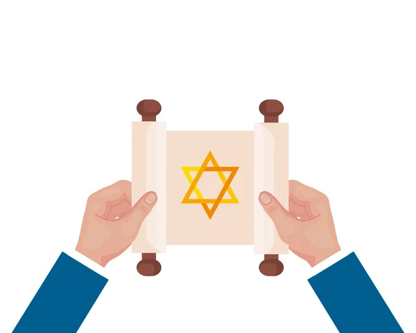 Hands lifting jewish golden star hanukkah in patchment — Stock Vector
