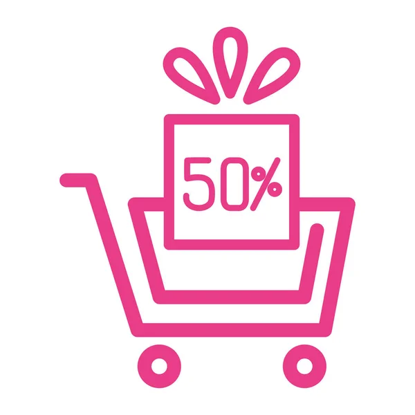 50 por ciento etiqueta de venta de descuento en caja de regalo y carrito de compras — Vector de stock