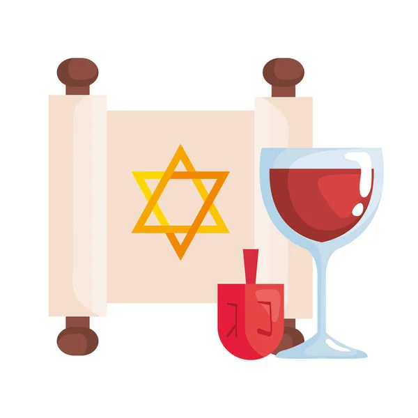 Stella d'oro ebraica hanukkah in patchment con dreidel e coppa del vino — Vettoriale Stock